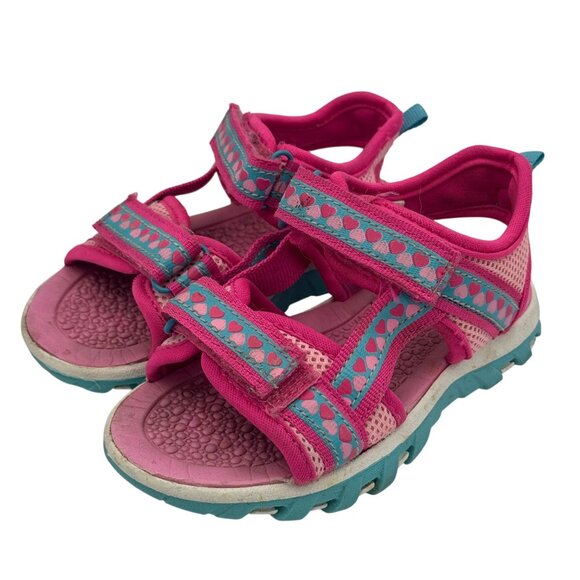 Pink & Teal Heart Pattern Kids Sandals With Velcro Closure Size 8 - Picture 1 of 4